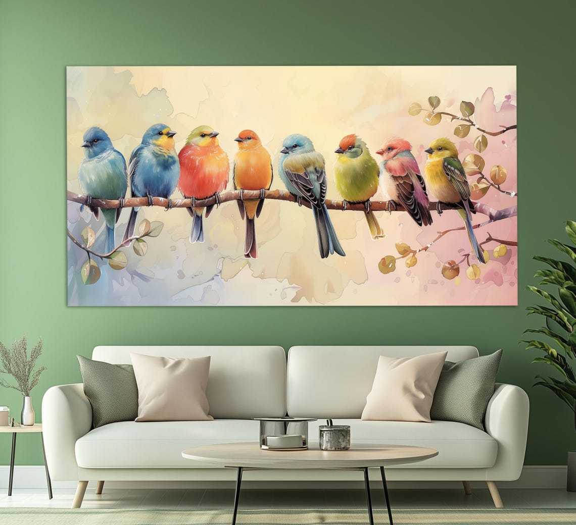 Colorful Songbirds Perched On Branch Watercolor Style Bird Art Poster - Image 3