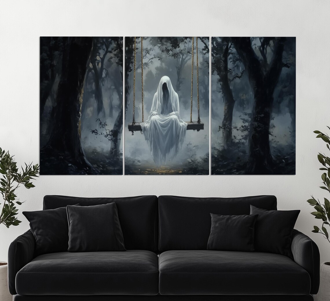 White Ghost Sitting On Swing In Misty Dark Forest Gothic Melancholy Poster - Image 6