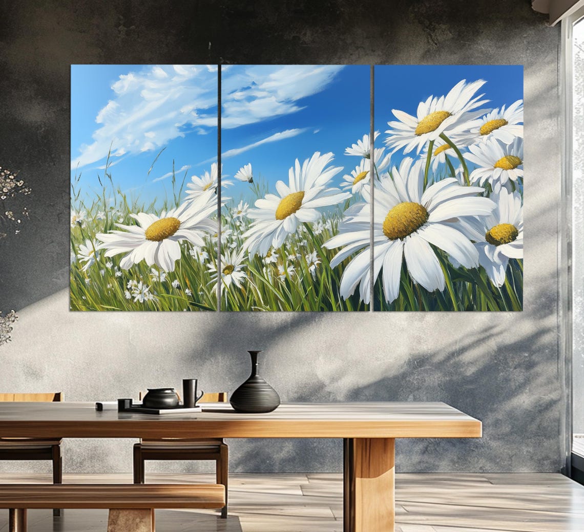 White Daisy Field Meadow Under Blue Sky Bloom Triptych Wall Art - Image 5