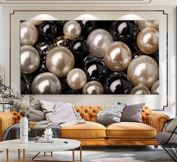 Black White Champagne Pearls Close Up Luxe Abstract Fashion Wall Art