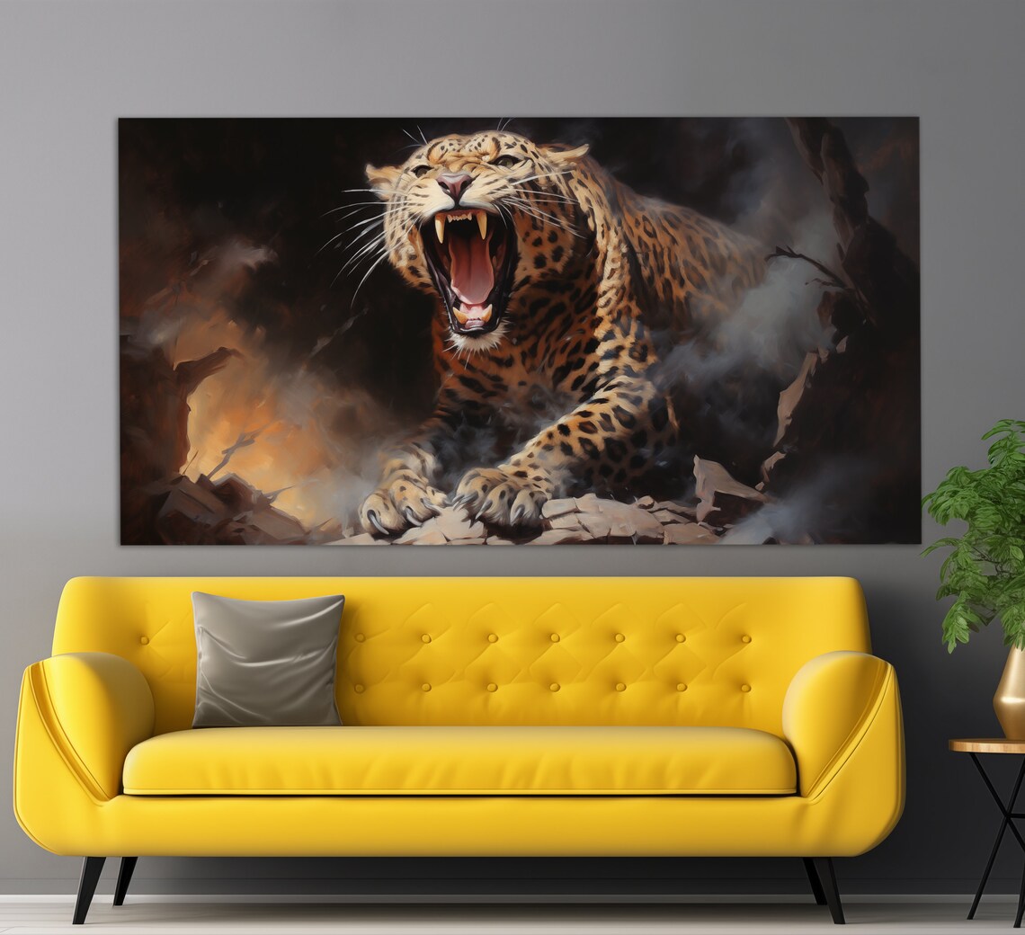 Roaring Leopard Dramatic Vintage Oil Painting Powerful Big Cat Wall Art Print