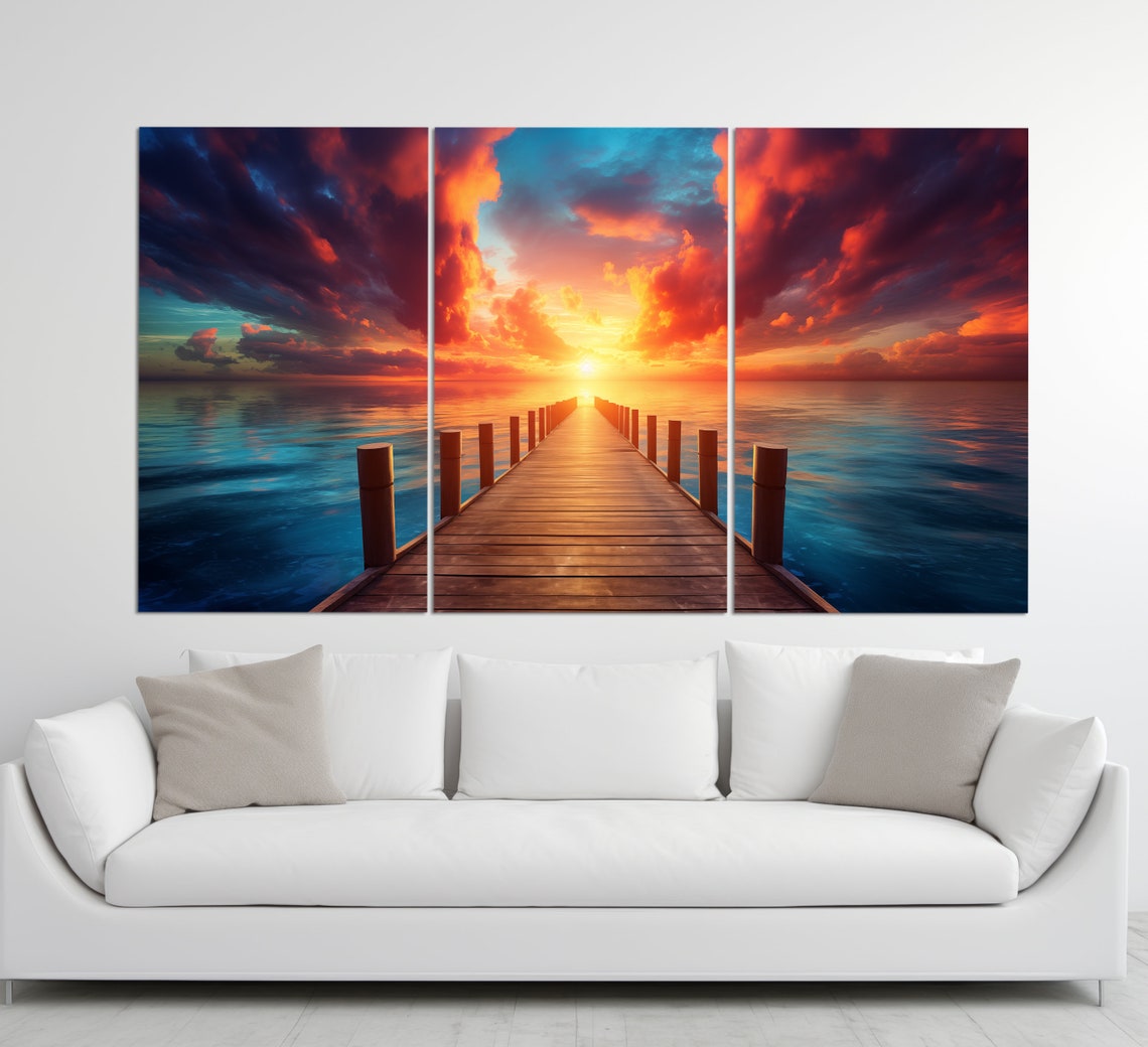 Ocean Sunset Wooden Pier Golden Waves Sea Birds Coastal Poster - Image 2
