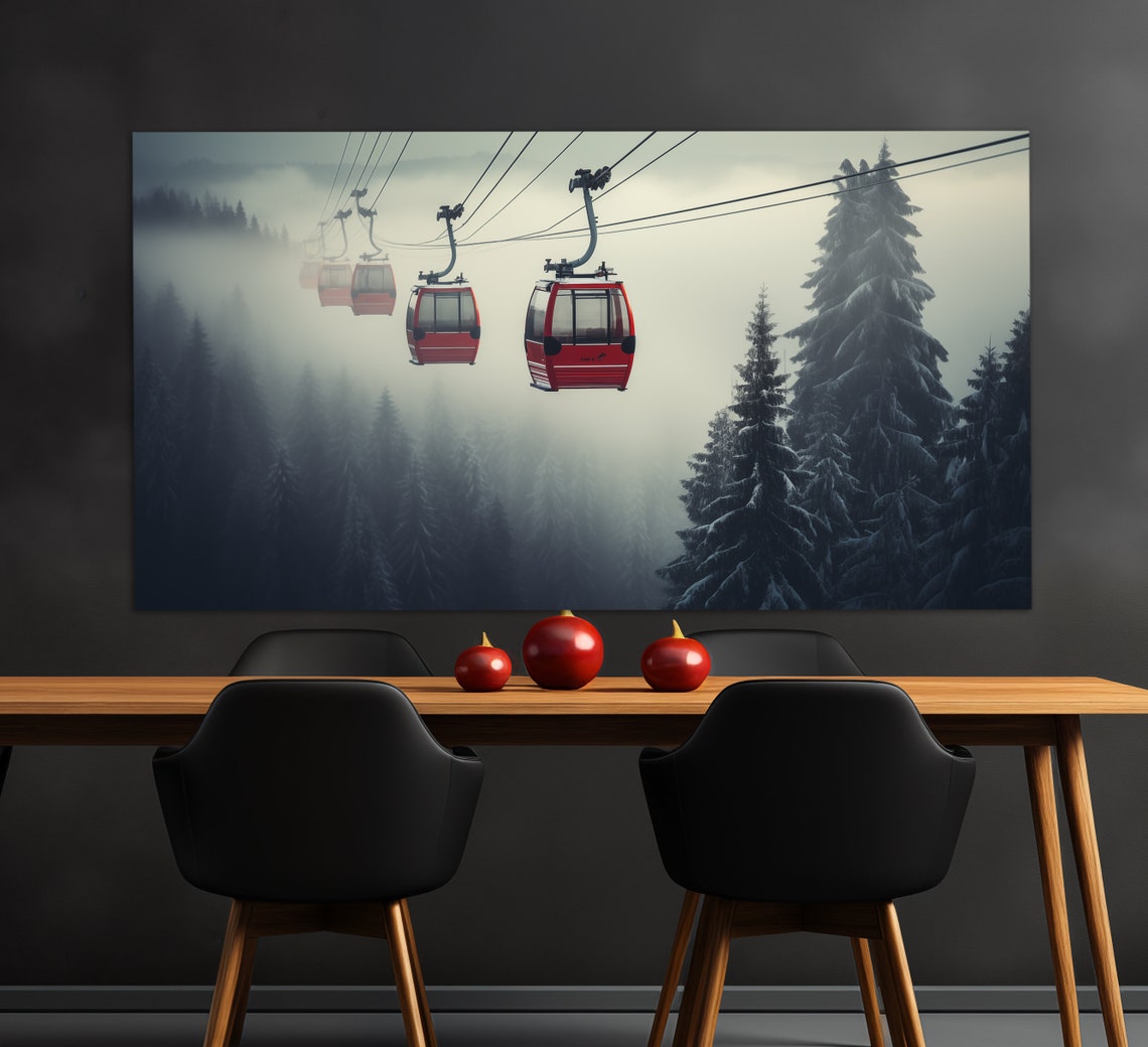 Ski Lift In Foggy Winter Forest Print Ski Wall Art Cable Car Painting Ski Lift Poster Winter Wall Art Winter Sports Art - Image 4