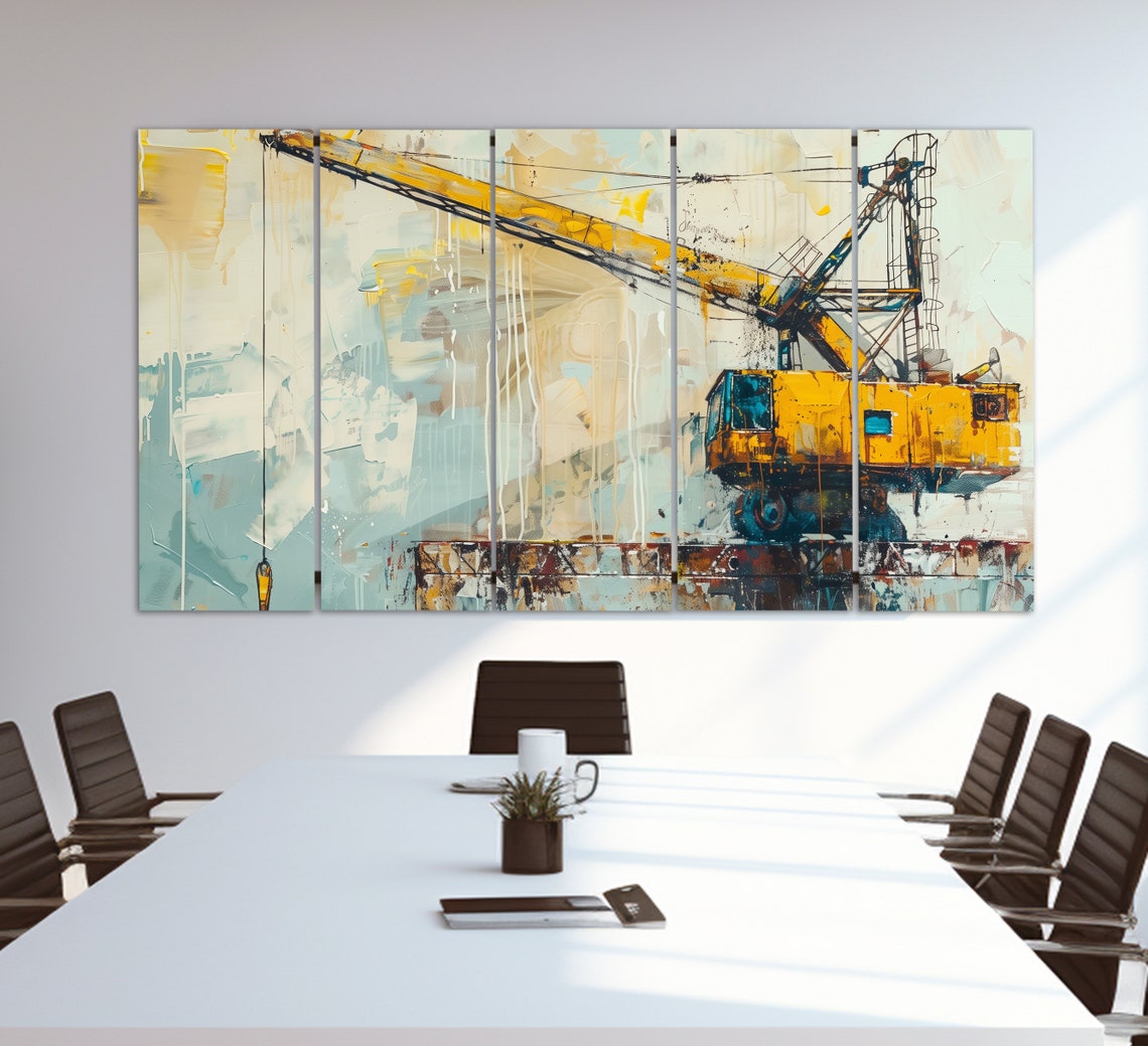 Yellow Construction Crane Abstract Oil Painting Industrial Print