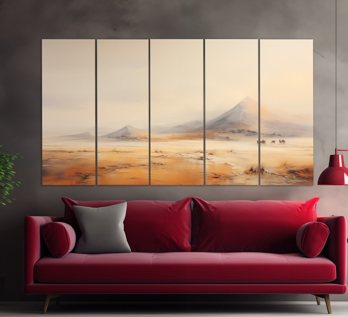 Desert Landscape Hazy Mountains Camel Caravan Warm Beige Poster - Image 5
