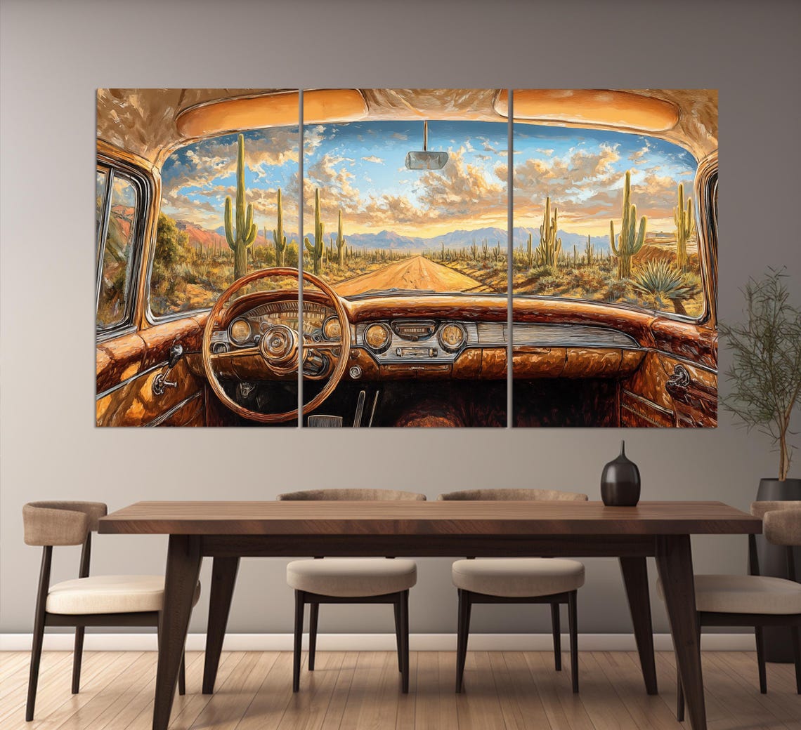 Retro Car In Arizona Desert Print In An Oil Painting Style Saguaro Wall Art Arizona Desert Wall Art Vintage Arizona Poster - Image 6