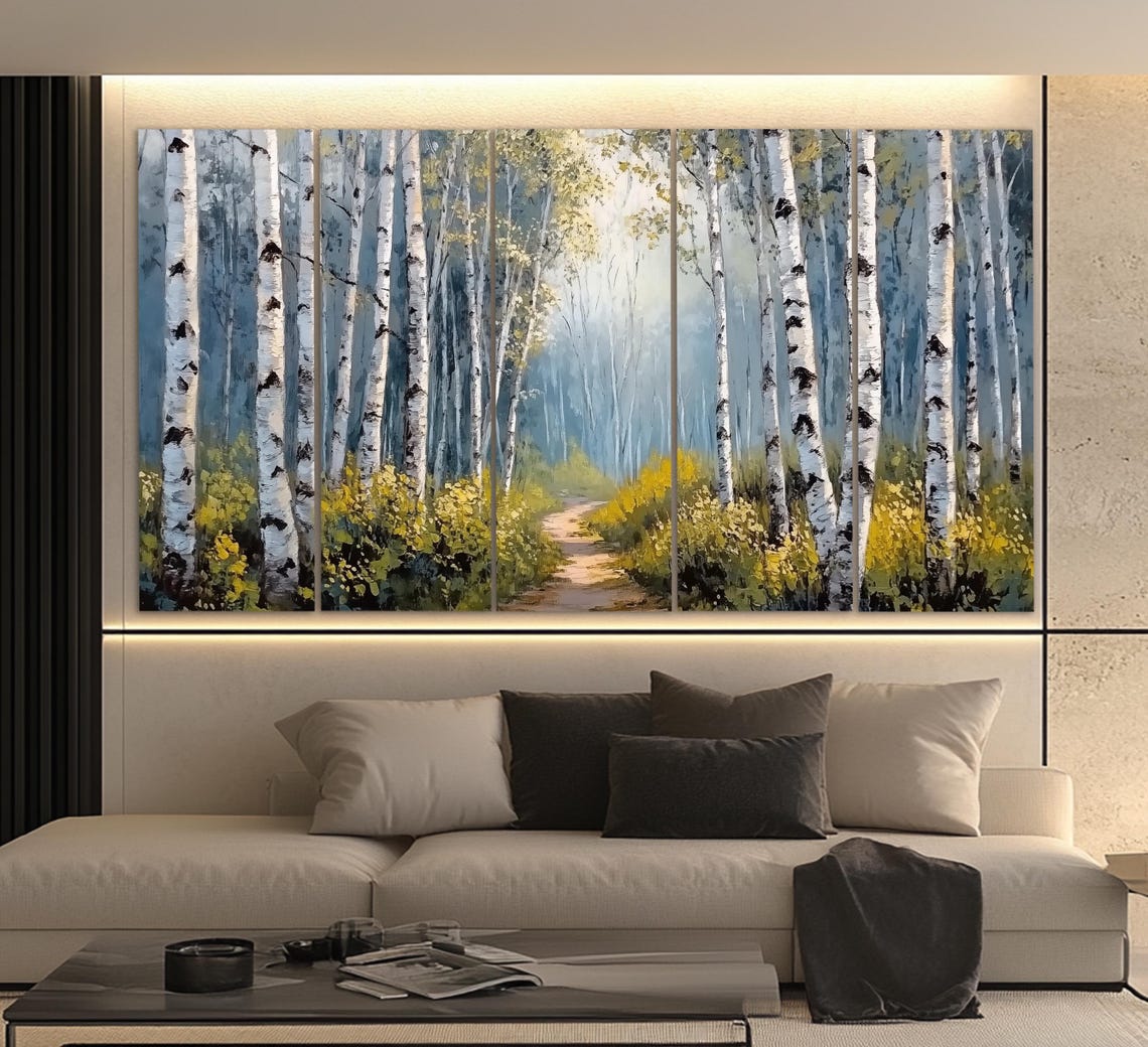 Sunlit Birch Grove Forest Path White Trunks Oil Painting Art Poster - Image 2
