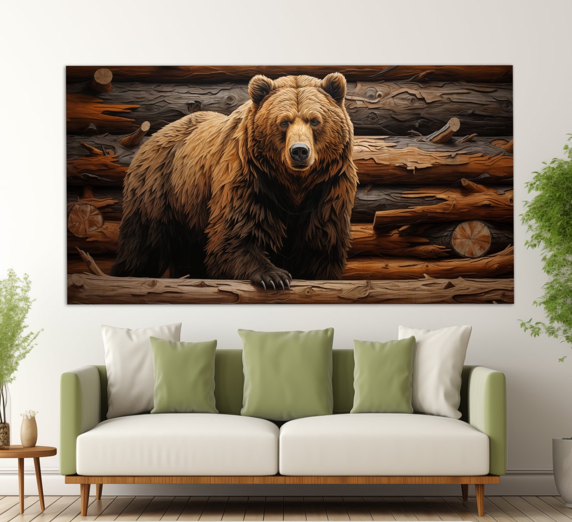 Grizzly Brown Bear Cabin Logs Triptych Wildlife Rustic Wall Art Print - Image 3
