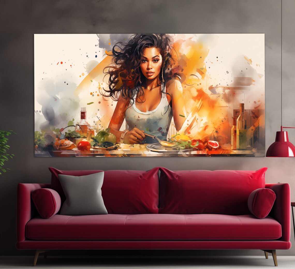 Woman Cooking In Warm Kitchen Watercolor Splashes Of Orange And Gold Print - Image 4