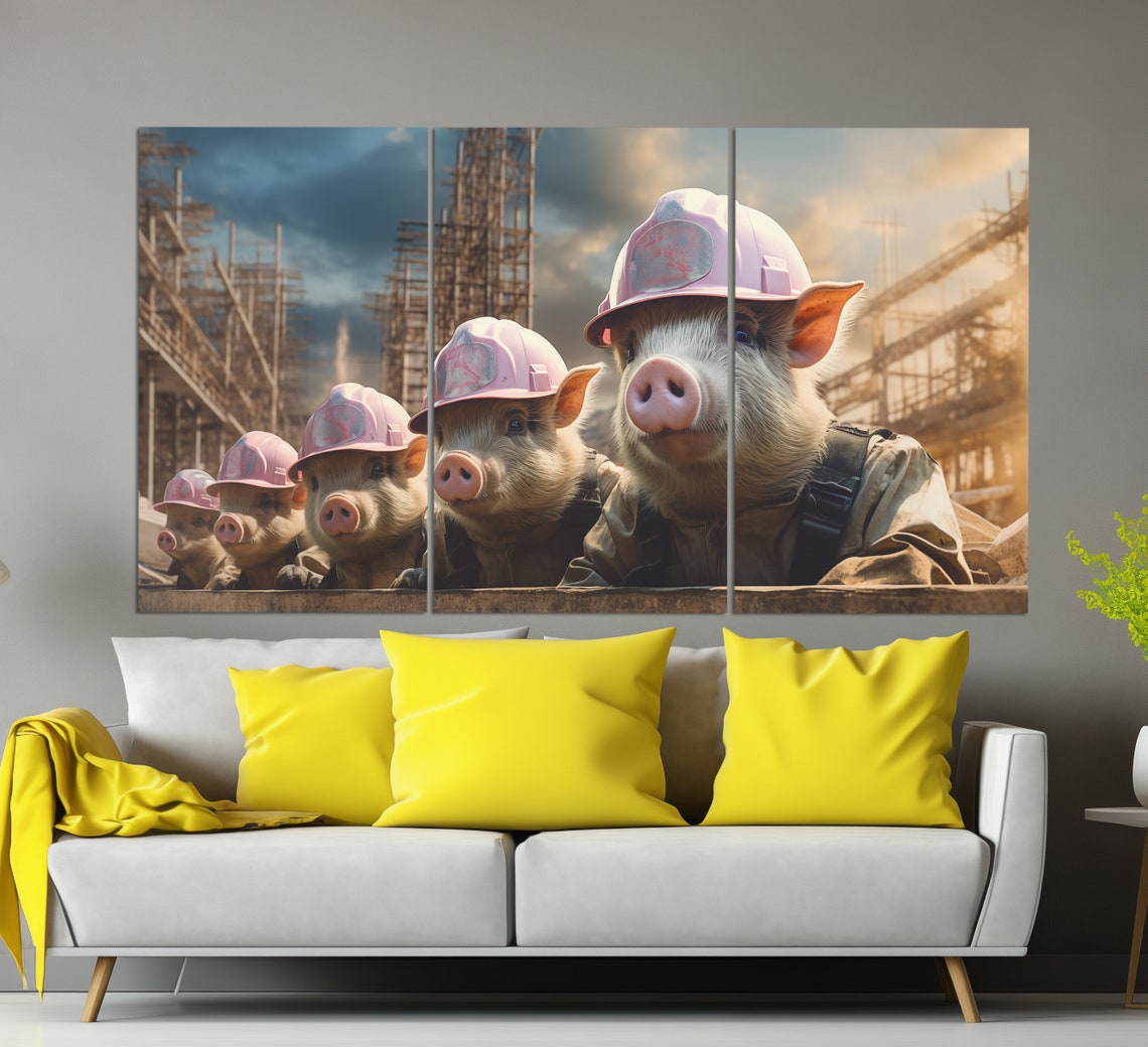 Funny Pigs In Pink Hard Hats Construction Crew Cute Humor Art Poster - Image 2