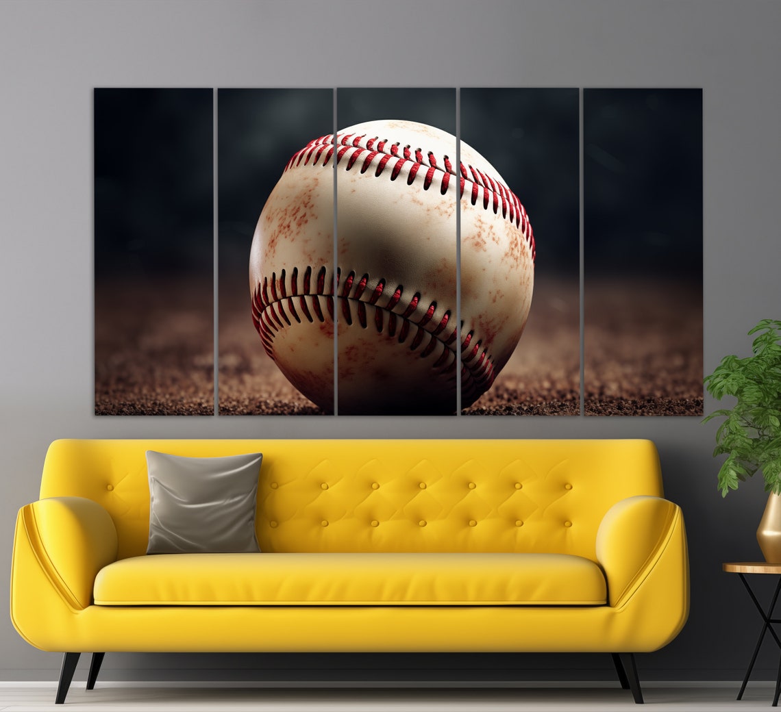 Baseball Close Up Red Stitching Dark Moody Sports Photography Poster - Image 2