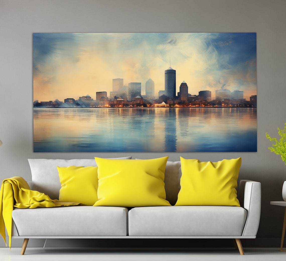 Boston Skyline Dusk Water Reflections Golden Sky City Lights Poster