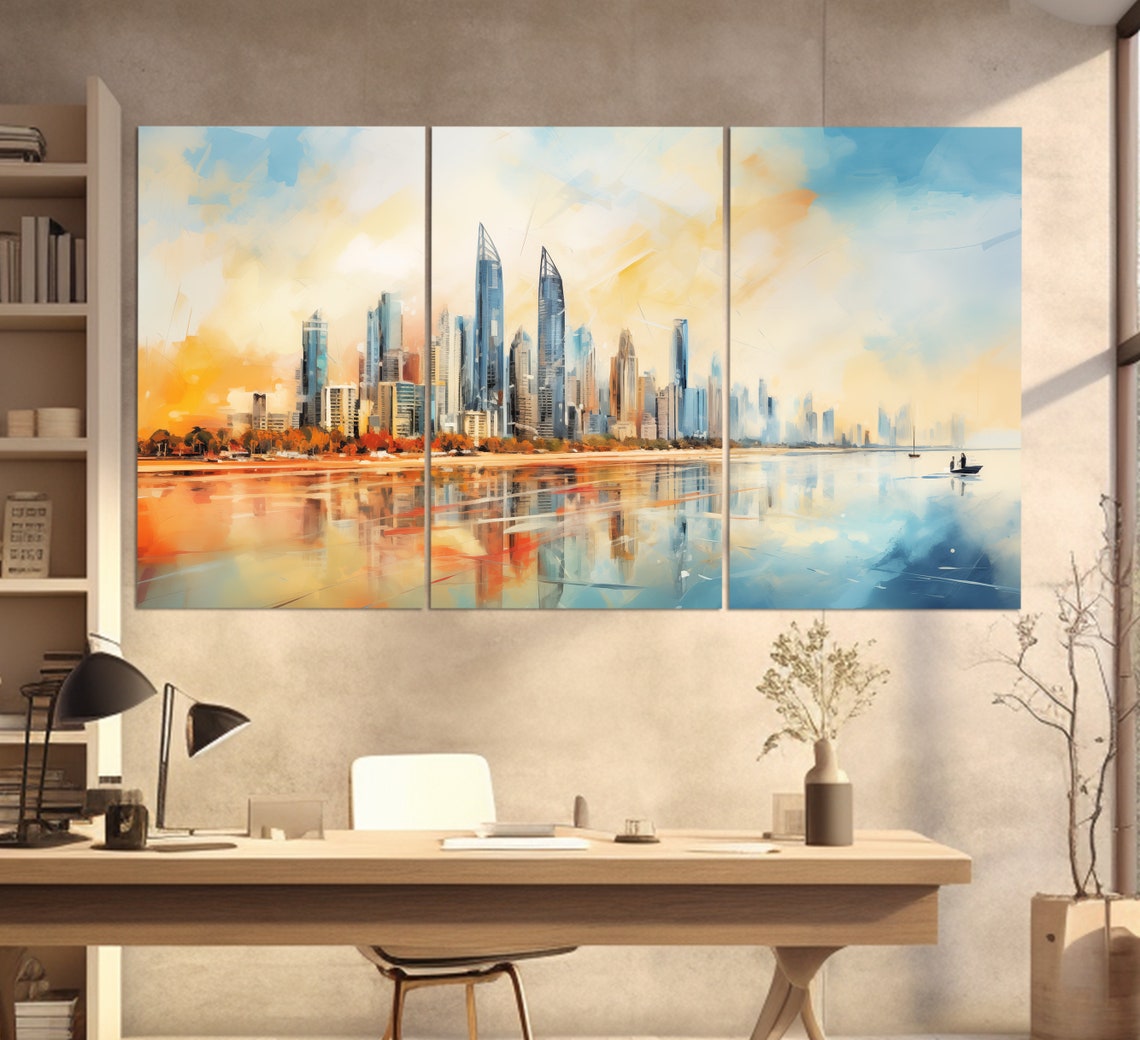 Abu Dhabi UAE Skyline Waterfront Watercolor Style Sunset Travel Poster - Image 3