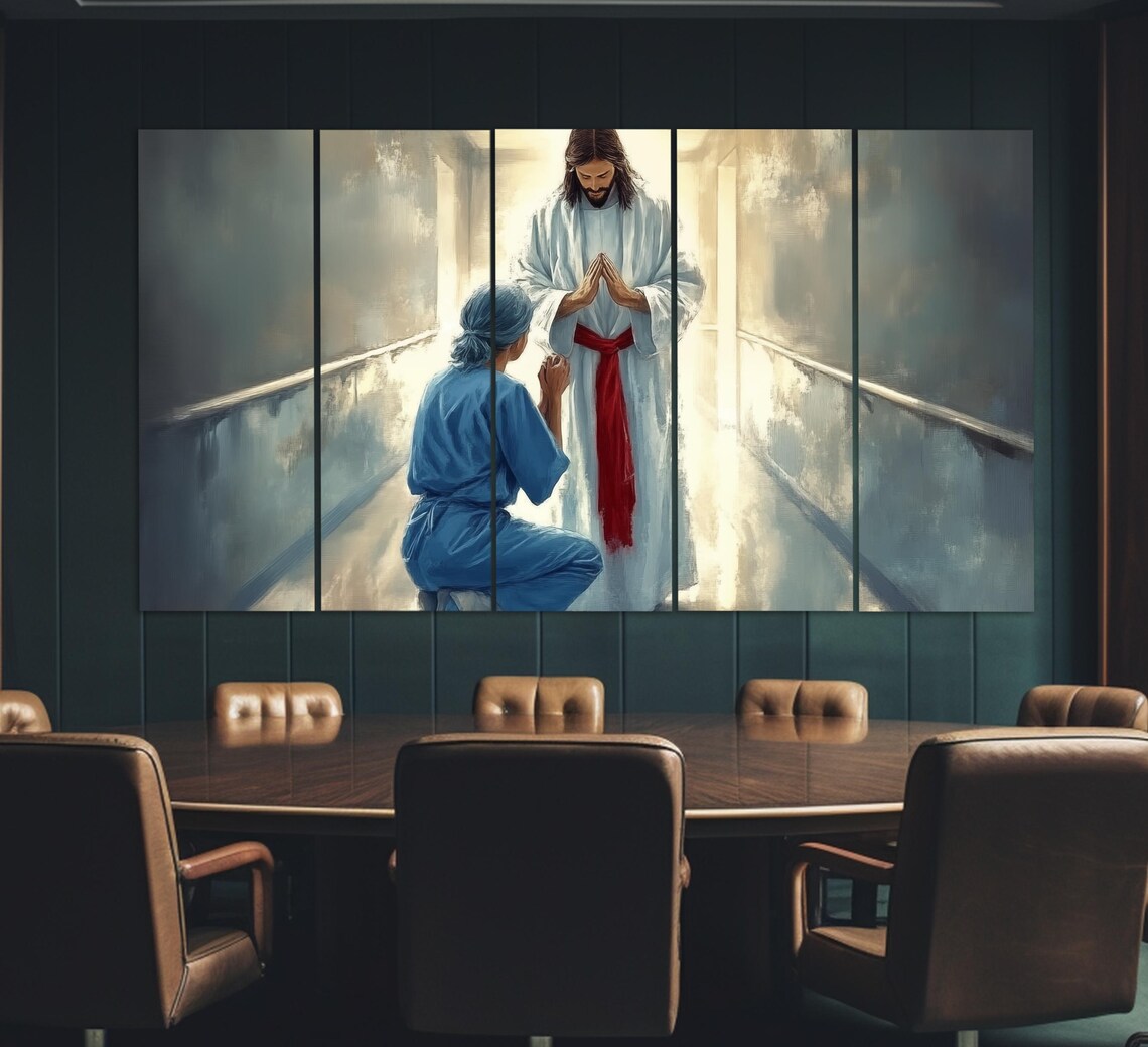 Doctor Praying With Jesus Christ Hospital Hallway Faith Art Poster - Image 2