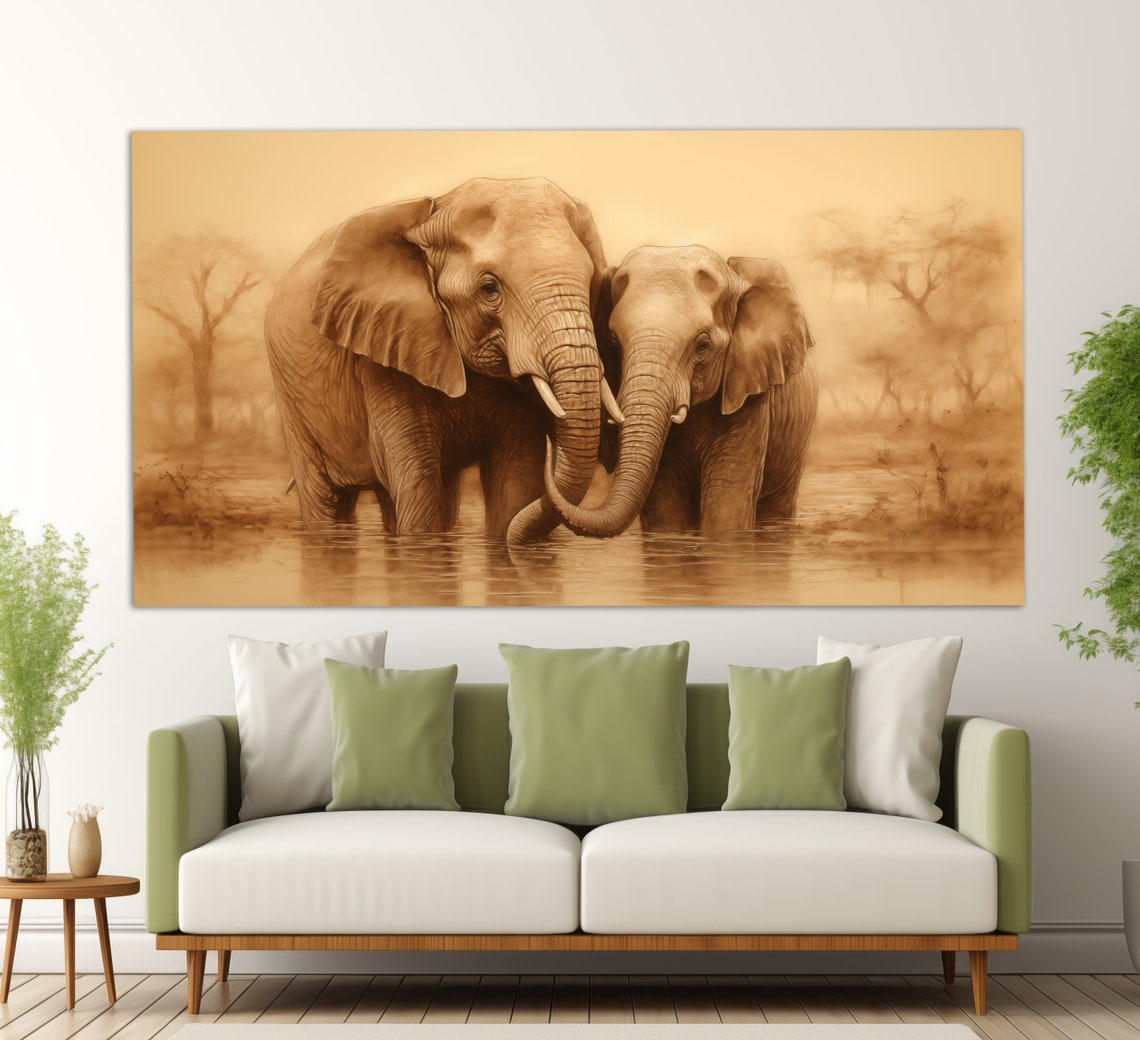 Elephant Couple Trunks Intertwined Water Sepia Golden Wildlife Poster