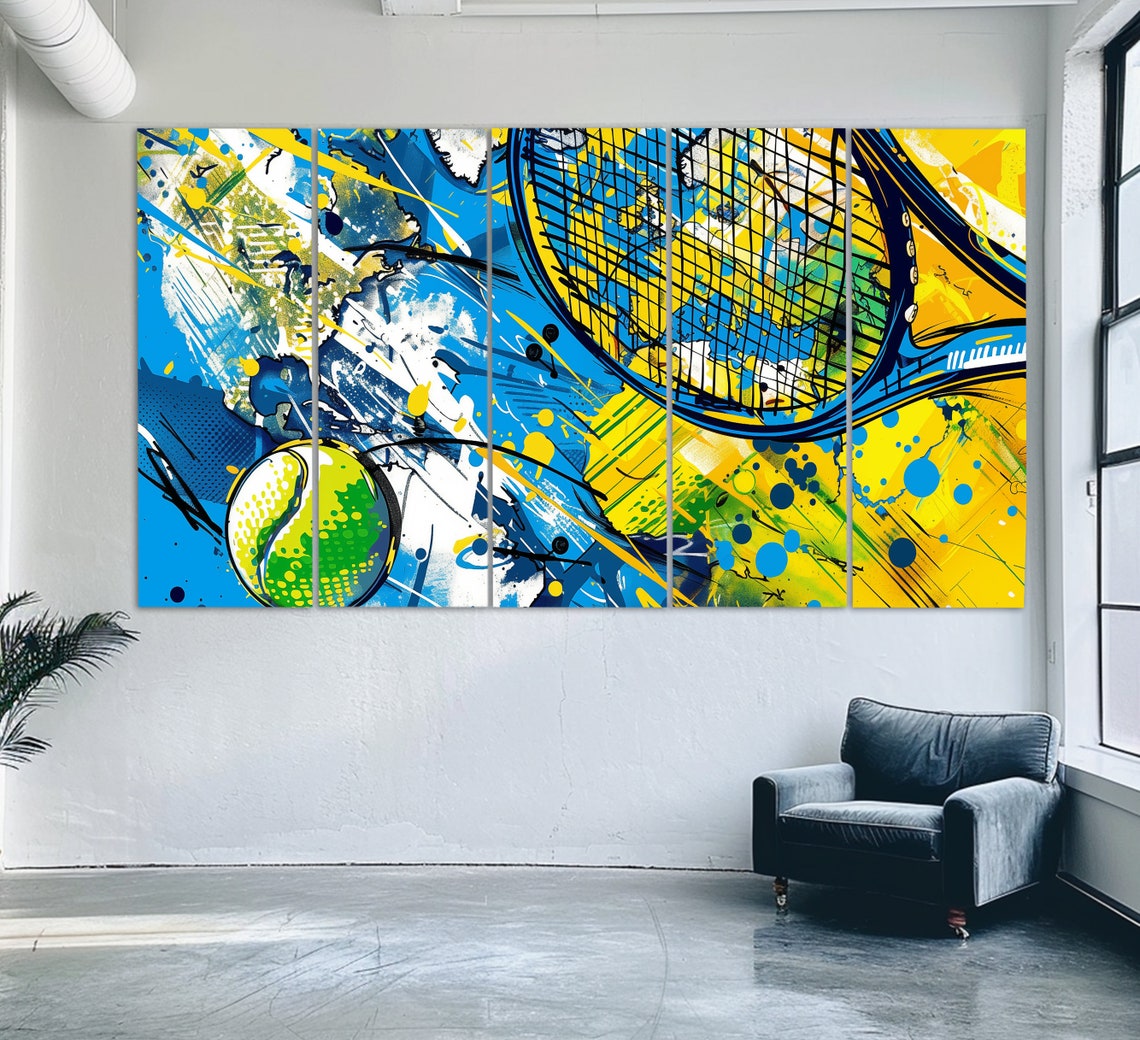 Abstract Tennis Racket Ball Pop Art Blue Yellow Graffiti Style Poster - Image 2