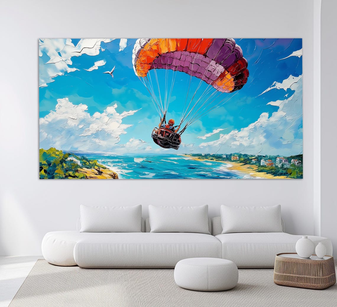 Colorful Paraglider Flying Over Coastal Beach Town Aerial View Poster - Image 5