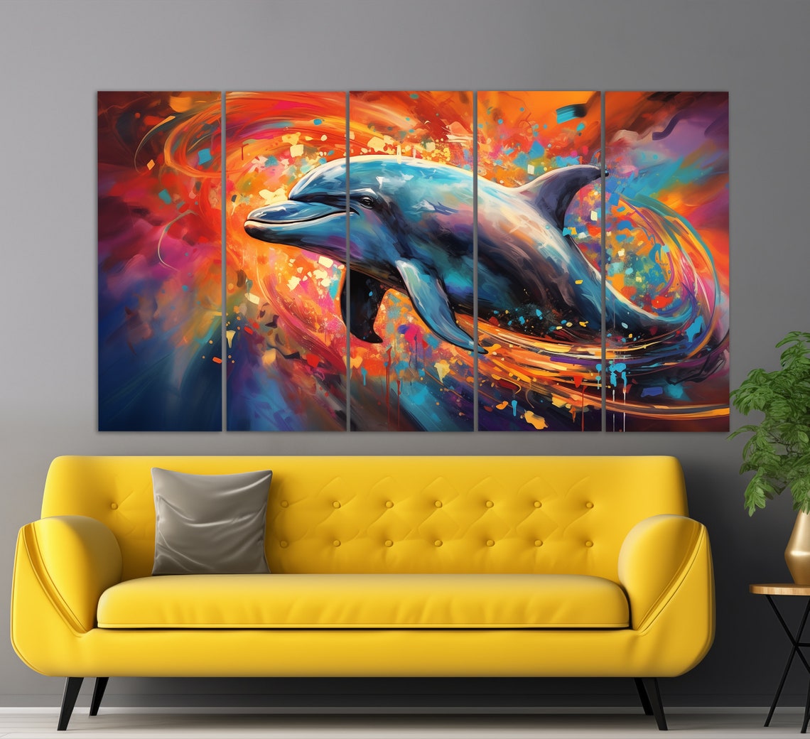 Dolphin Leaping Multicolor Abstract Swirl Vibrant Oil Painting Poster - Image 2