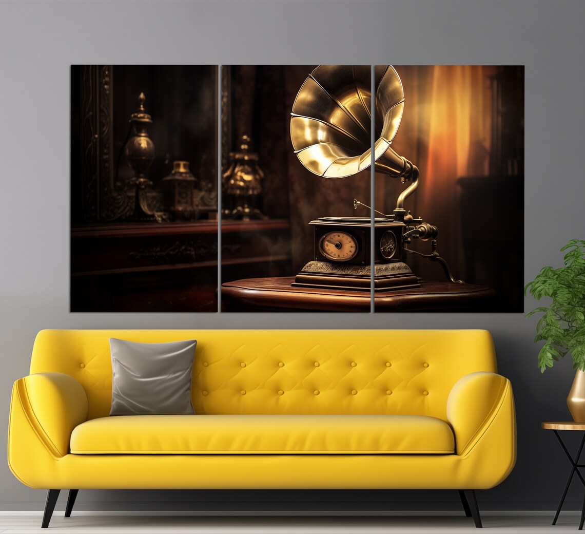 Vintage Brass Horn Gramophone Warm Dark Interior Music Room Wall Art Poster - Image 6