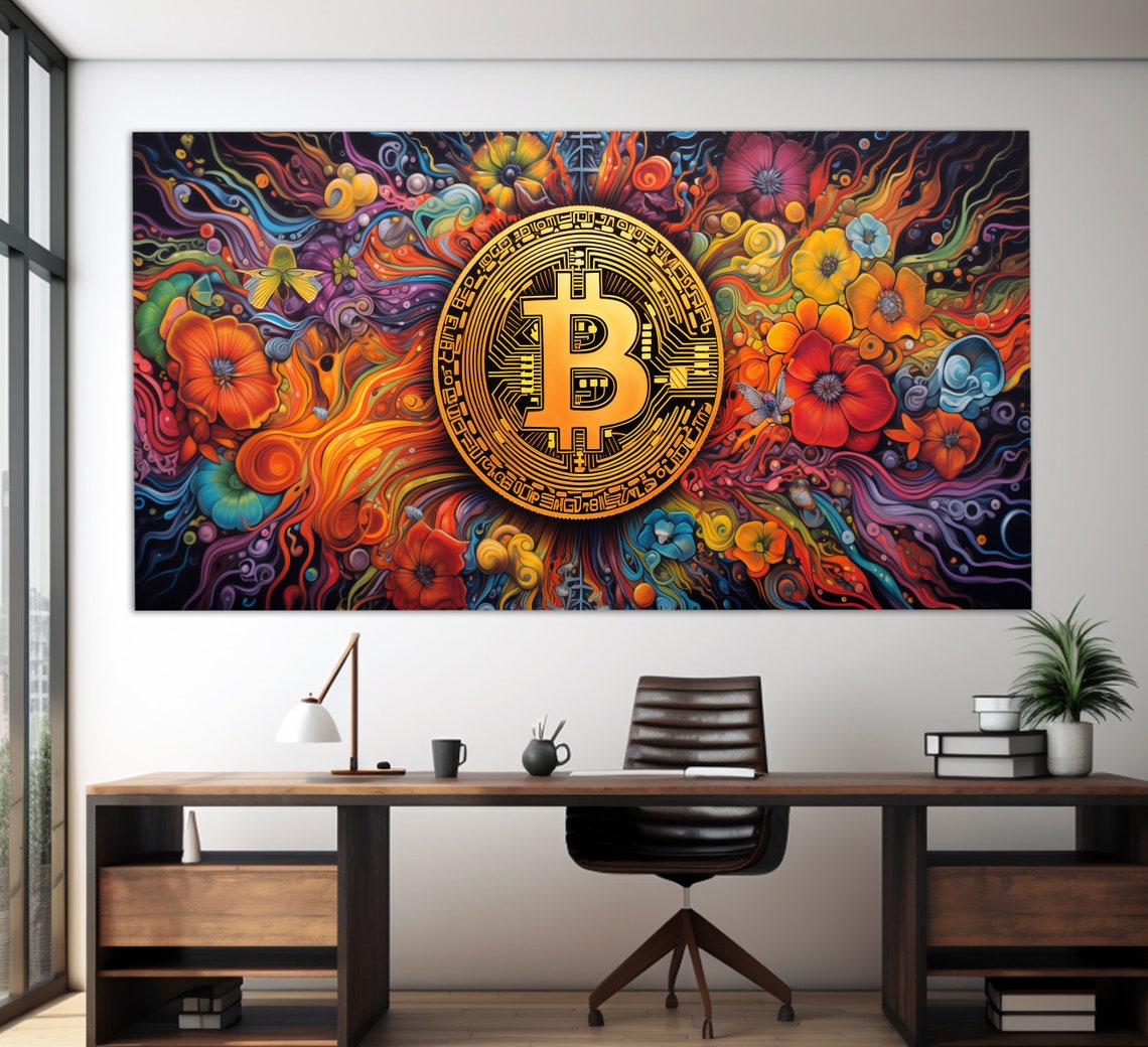 Bitcoin Coin Psychedelic Colorful Flowers Abstract Crypto Art Poster
