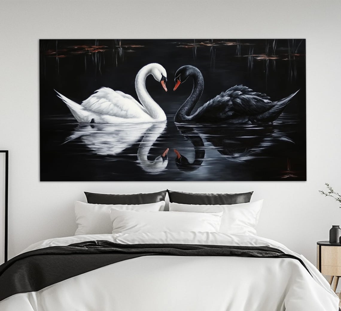 Black And White Swan Couple Heart Shape Dark Water Romantic Art Poster