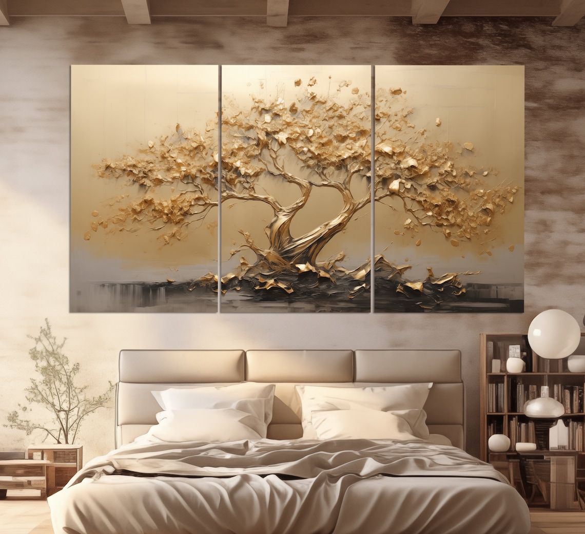 Golden Bonsai Tree Abstract Painting, Office Art Print - Image 5