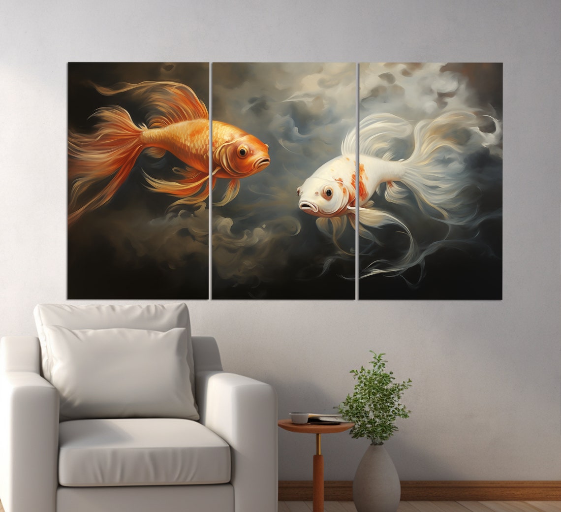 Orange White Goldfish Pair Dark Water Elegant Aquatic Art Poster - Image 3