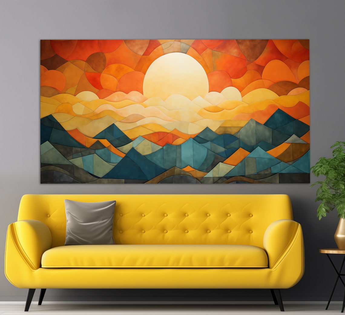 Abstract Mid Century Print Boho Sun Over Mountains Poster Boho Wall Art Abstract Wall Art Boho Wall Decor Mid Century Wall Art