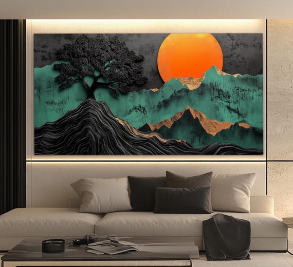 Abstract Sun Orange Over Mountains Print Boho Sun Poster Boho Wall Art Abstract Mid Century Decor Mid Century Wall Art