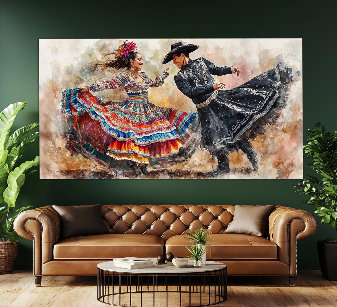 Mexican Folkloric Dancers Watercolor Style Vibrant Traditional Dance Poster