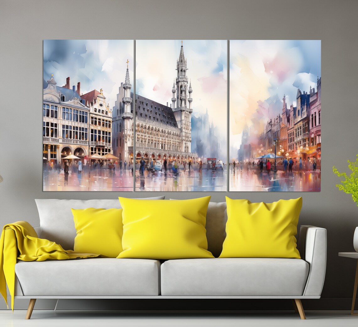 Brussels Grand Place Town Hall Watercolor Style Belgium Travel Poster - Image 5