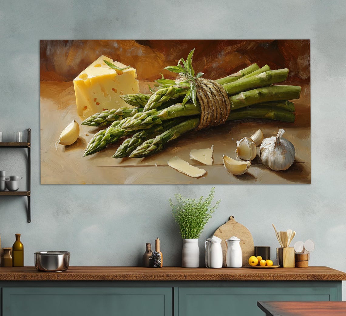 Asparagus Bunch With Cheese Wedge And Garlic Vintage Still Life Poster - Image 4