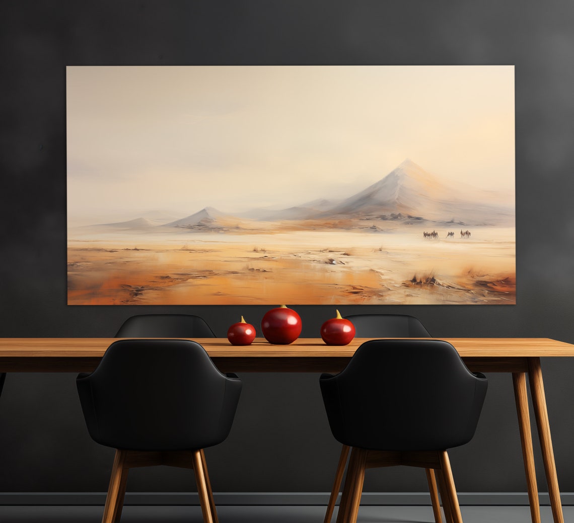 Desert Landscape Hazy Mountains Camel Caravan Warm Beige Poster
