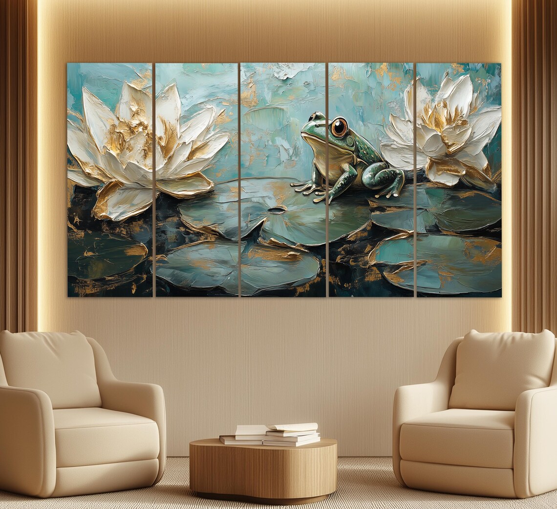 Abstract Frog in Water Lilies, Vintage Oil Style Art Print - Image 2
