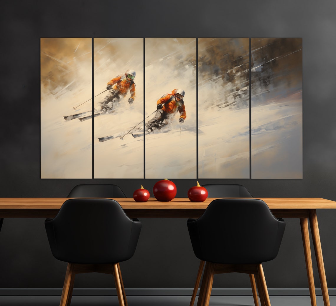 Downhill Skiers Racing Orange Jackets Snow Spray Oil Painting Poster - Image 2