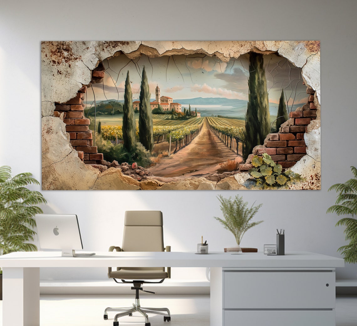 Tuscany Wall Art Faux Hole In The Wall Print Tuscan Vineyards Art Wine Wall Art Tuscany Painting Vintage Italy Print