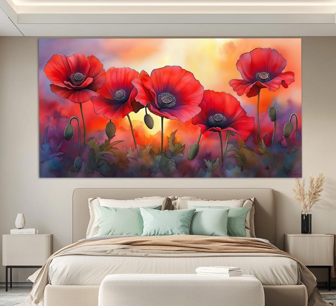 Vivid Red Poppies Meadow Blooming Floral Oil Painting Wall Art Poster