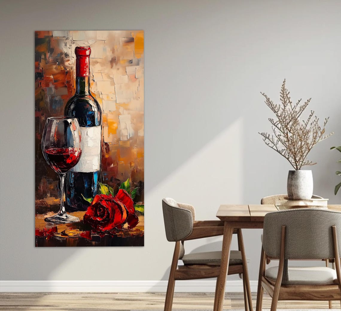 Red Wine Bottle Glass and Red Rose Romantic Still Life Poster
