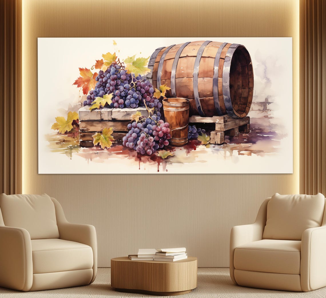 Wine Barrel and Grape Harvest Watercolor Rustic Kitchen Art Poster