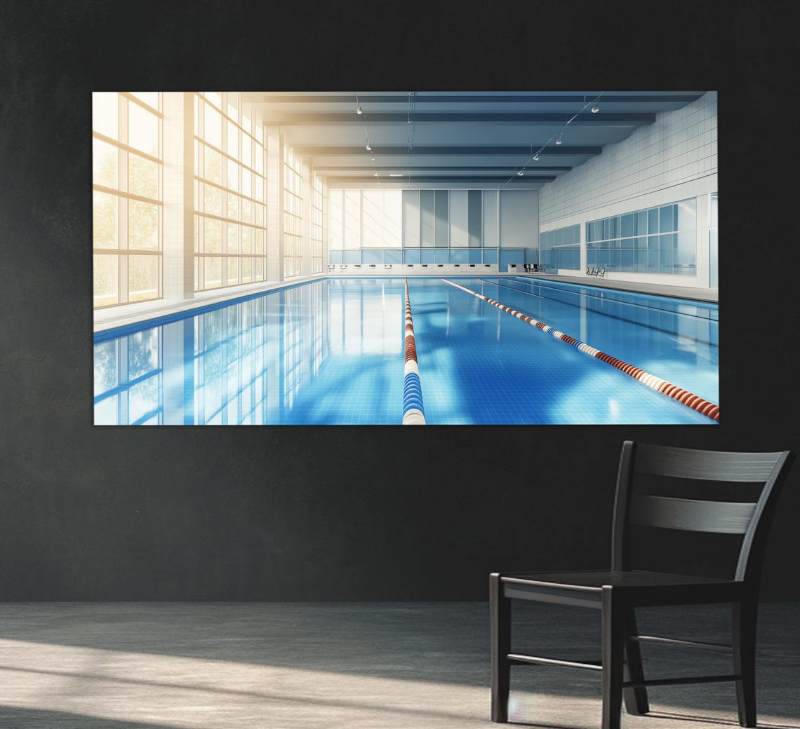 Indoor Swimming Pool Empty Lanes Sunlight Minimalist Blue Print Poster - Image 2