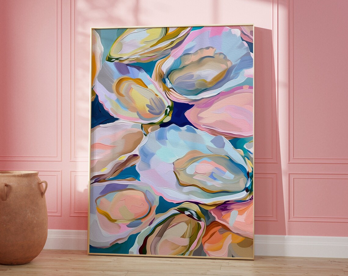 Abstract Colorful Oyster Shell Painting, Beach House Art Print