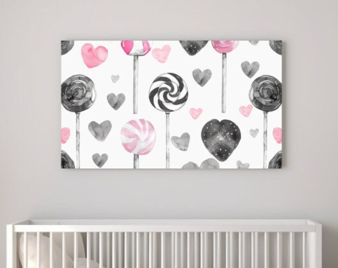 Pink Black And White Lollipop Hearts Watercolor Nursery Wall Art