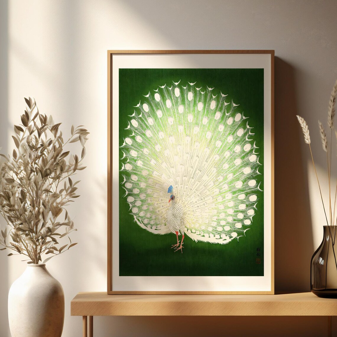 White Peacock Fanned Tail Japanese Green Background Art Poster