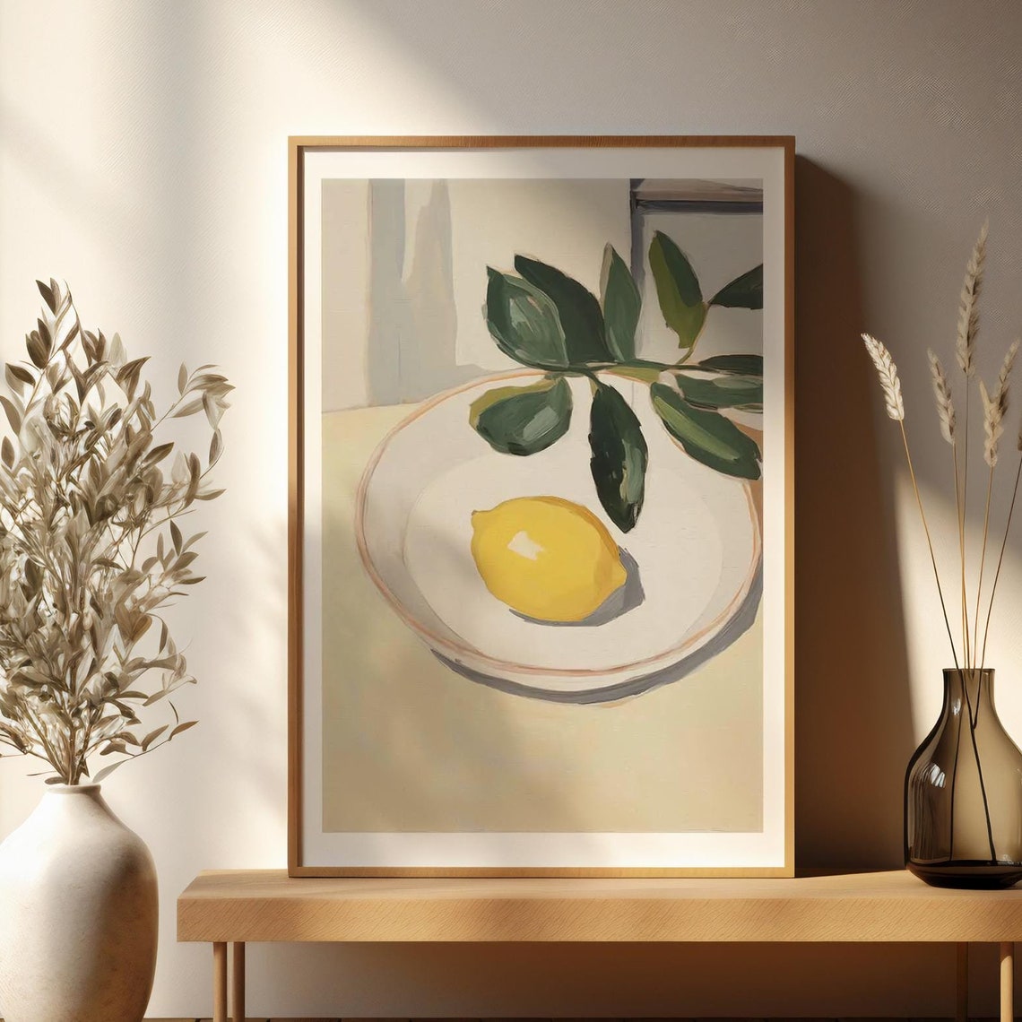 Lemon on Plate With Green Leaves Soft Still Life Kitchen Art Print - Image 2