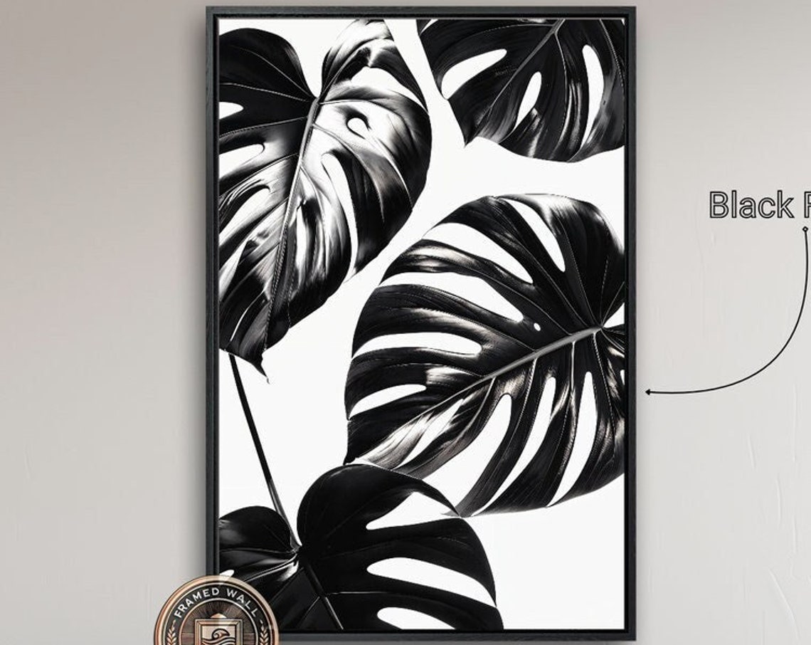 Black White Monstera Leaves Minimalist Botanical High Contrast Print