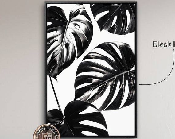 Black And White Monstera Leaves Framed Wall Art Tropical Plant Print Minimalist Wall Decor Modern Botanical Poster Ready To Hang Gift