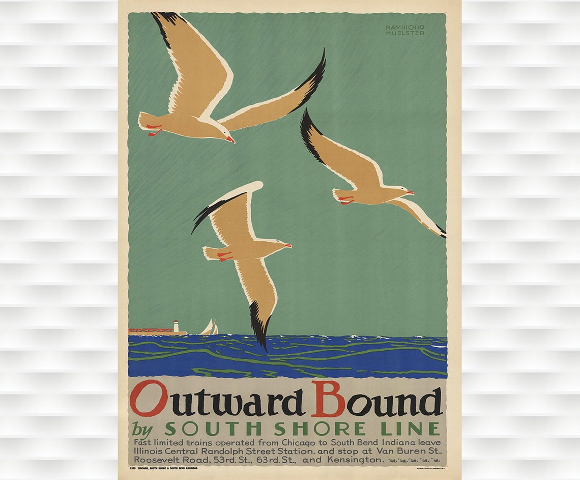 Outward Bound Seagulls Lake Shore South Shore Line Vintage Poster