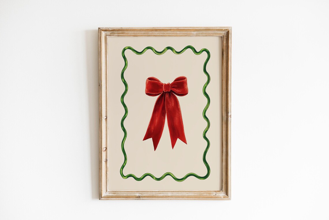 Red Velvet Bow Green Scallop Border Coquette Christmas Poster