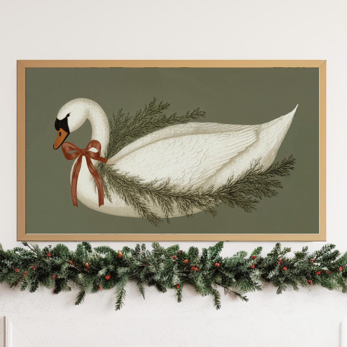 White Christmas Swan with Pine Garland and Bow Holiday Wall Art - Image 3
