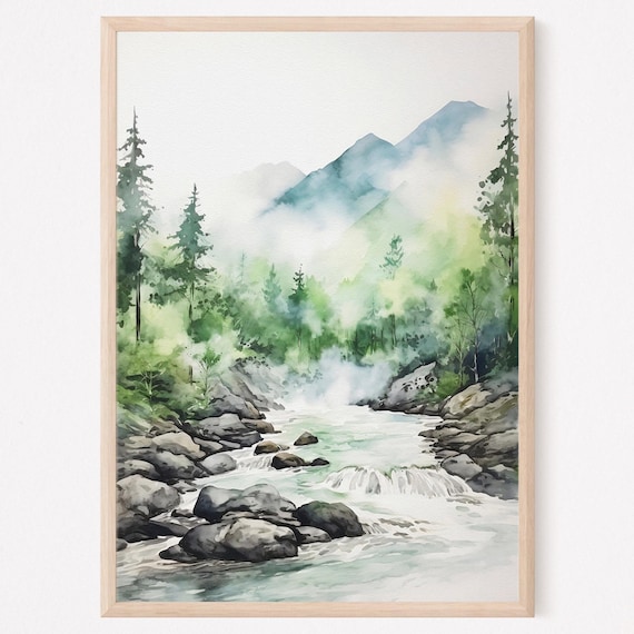 Alaska Watercolor Foggy Mountain River Pines Wilderness Art Poster